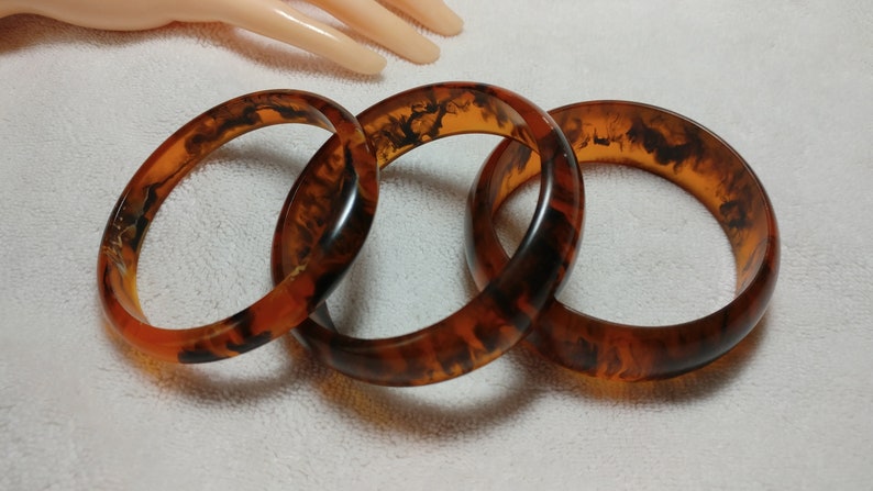 Vintage 3 Pc Amber End of Day Lucite Bangle Bracelets Tortoise