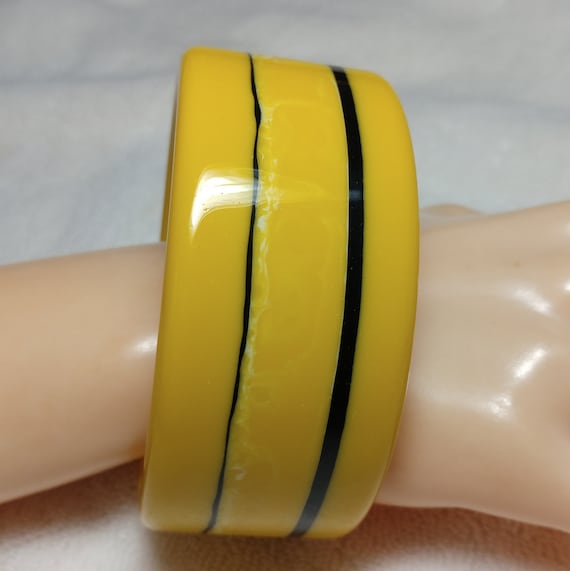 Vintage Yellow, Black and White Striped Lucite Ba… - image 2