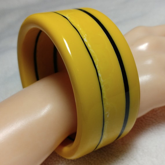 Vintage Yellow, Black and White Striped Lucite Ba… - image 1