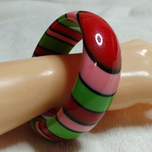 Vintage Red, Pink, Green Striped, "Eye" Lucite Bangle