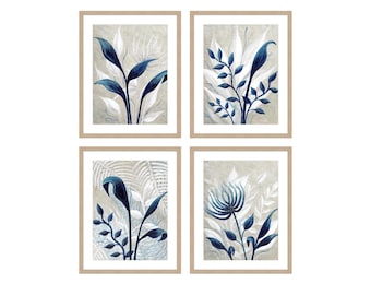 May include: Set of four framed prints featuring abstract floral designs in shades of blue and white on a beige background.