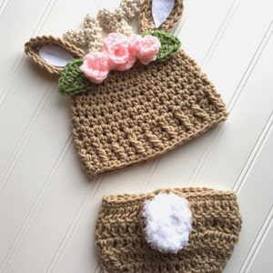Crochet Deer Hat & Diaper Cover: Newborn Photo Prop with Flower Crown