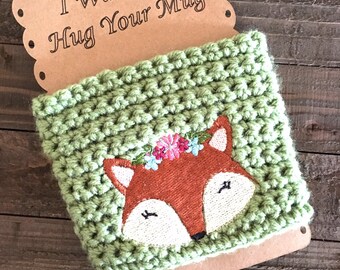 Crochet Fox Coffee Cozy, Embroidered Travel Mug Sleeve