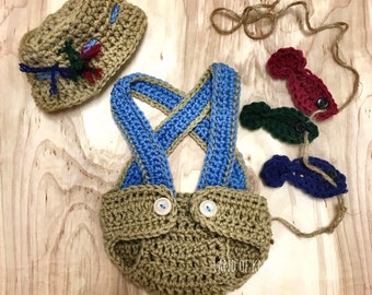 Traje de pescador de crochet para recién nacido: accesorio fotográfico para bebé