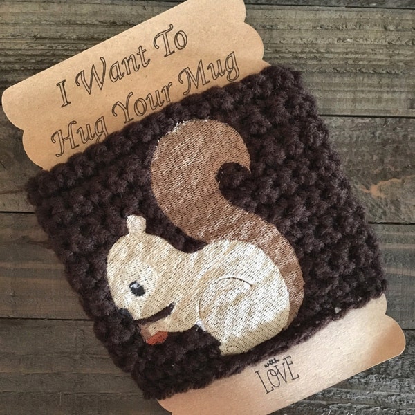 Squirrel coffee cozy, travel mug cozy, coffee mug cozy, coffee gifts, coffee lovers gift, squirrel gifts, gifts for him, gifts for her.