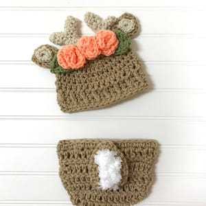 Crochet deer hat, crochet baby deer hat, deer antler hat and diaper cover, deer antler beanie, baby girl deer  hat, newborn deer hat.