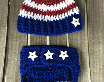 Traje de recién nacido patriótico de ganchillo, traje de bandera americana, sombrero de bandera americana para bebé, sombreros de bebé, estrellas y rayas, rojo, blanco y azul con estrellas.