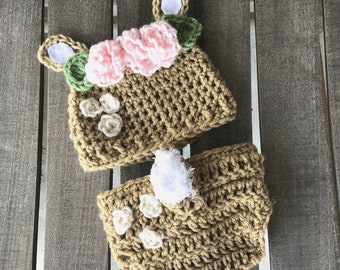 Crochet deer hat and diaper cover for newborn baby.