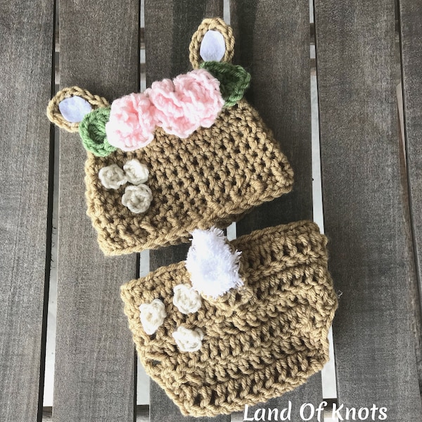 Crochet deer hat and diaper cover for newborn baby.