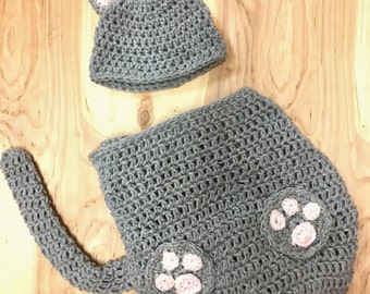 Crochet Newborn Cat Outfit: Grey Swaddle & Hat Photo Prop