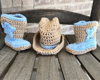 crochet baby cowboy boots and cowboy hat, baby boots, baby cowboy boots, baby cowgirl boots, child boots, infant cowboy hat outfit.