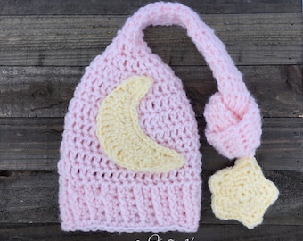 crochet moon hat, newborn moon hat, newborn moon hat photo prop, crochet pixie hat, crochet elf hat with star, newborn knotted elf hat.