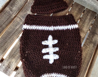 crochet newborn football hat, crochet football cocoon, newborn football outfit, baby football photo prop, crochet football bunting bag.