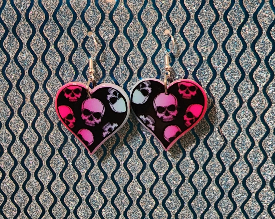 Pastel Goth Heart Shaped Skull Print Acrylic Earrings Etsy