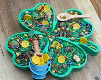 St. Patrick's day sensory play set, shamrock sensory tray, st. Pattys day pot of gold sensory set, digging for gold sensoryplay, gold coins