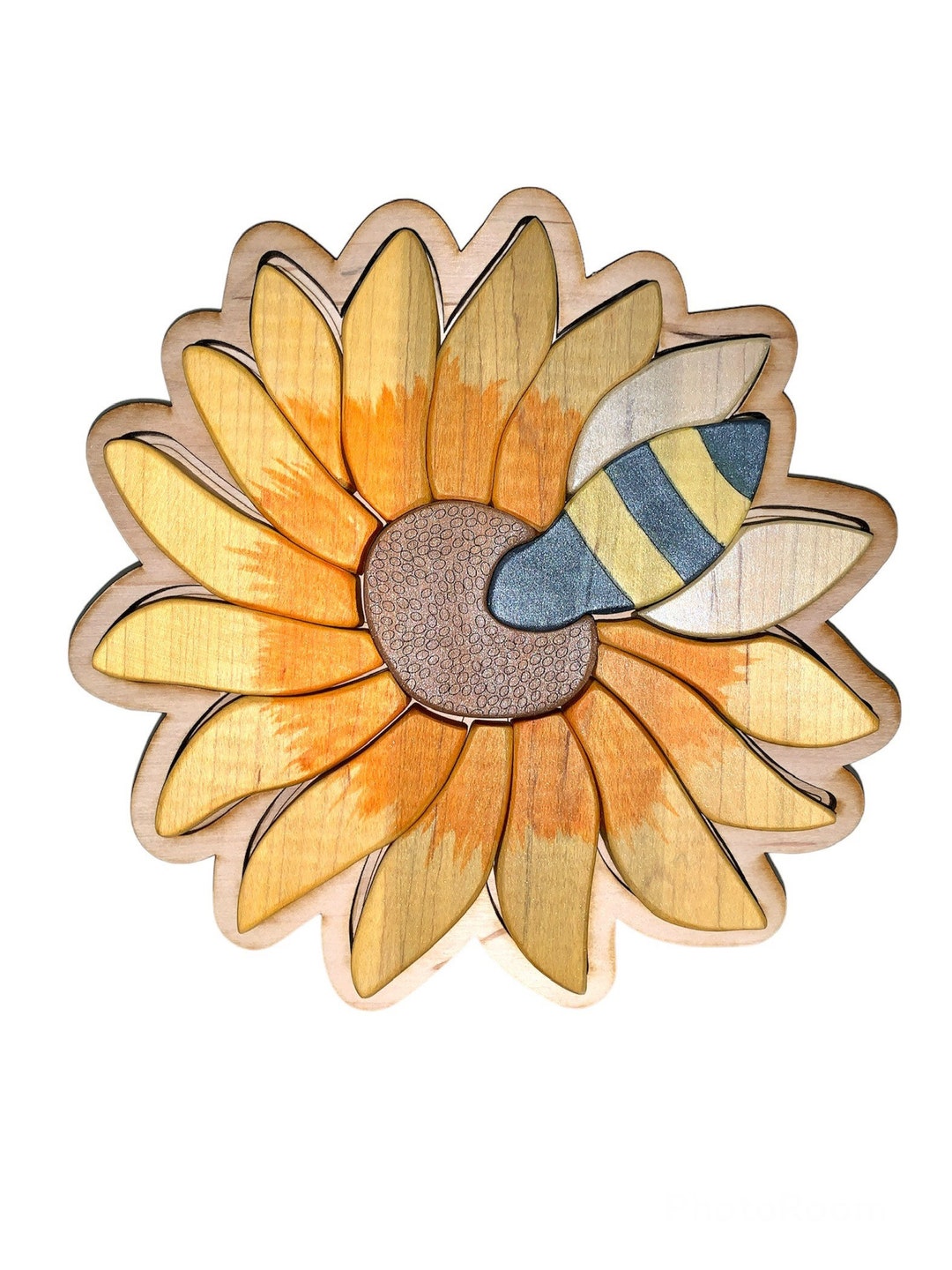 Wooden Flower Puzzle, Chunky Blocks Puzzle, Nature Building Blocks, Bee