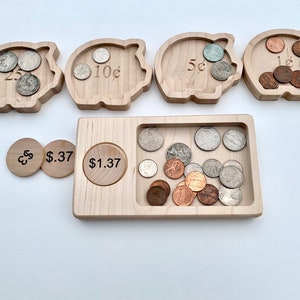 Money sorting activity, wooden sand tray, math board