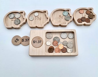 Money sorting activity, wooden sand tray, math board