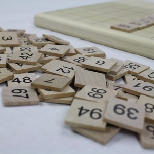 May include: A pile of wooden tiles with numbers printed on them. The tiles are scattered on a white surface. The numbers on the tiles range from 1 to 9.