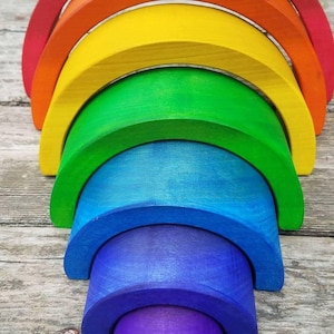 Rainbow stacker, rainbow puzzle stacker, wooden toy, waldorf inspired, montessori toy, 2.25 thick and 10 long, Montessori imagem 8