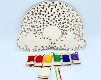 Rainbow Lacing Board, Wooden Sewing Toy, Fine Motor Skills Activity, Montessori Threading Toy, Hand Eye Coordination, Toddler Craft Kit