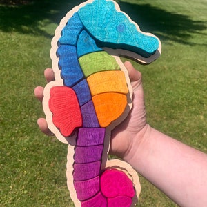 May include: A colorful wooden seahorse puzzle toy with rainbow-colored pieces. The seahorse is made of natural wood and is painted in vibrant colors.