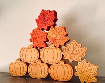 Stacking pumpkins and fall leaves, fall sensory blocks, chunky wooden building blocks, decorative wooden blocks, maple leaf blocks, sensory