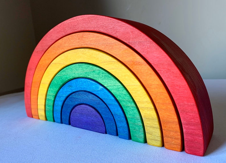Apilador arco iris, apilador de rompecabezas arco iris, juguete de madera, inspirado en Waldorf, juguete montessori, 2,25 de espesor y 10 de largo, Montessori imagen 9