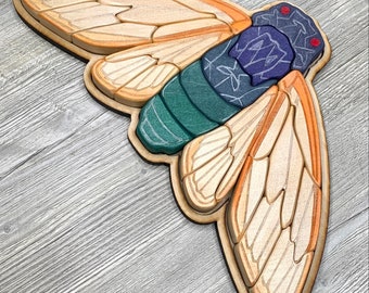 Wooden blue cicada puzzle, chunky blocks puzzle, nature building blocks, wood toy cicada, montessori toy, sensoryplay stacker