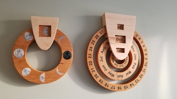 Perpetual calendar, wooden calendar, moon phase calendar, wooden perpetual calendar, wall decor, montessori, waldorf