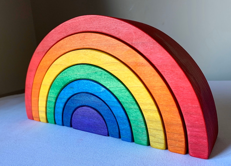 Rainbow stacker, rainbow puzzle stacker, wooden toy, waldorf inspired, montessori toy, 2.25 thick and 10 long, Montessori imagem 4