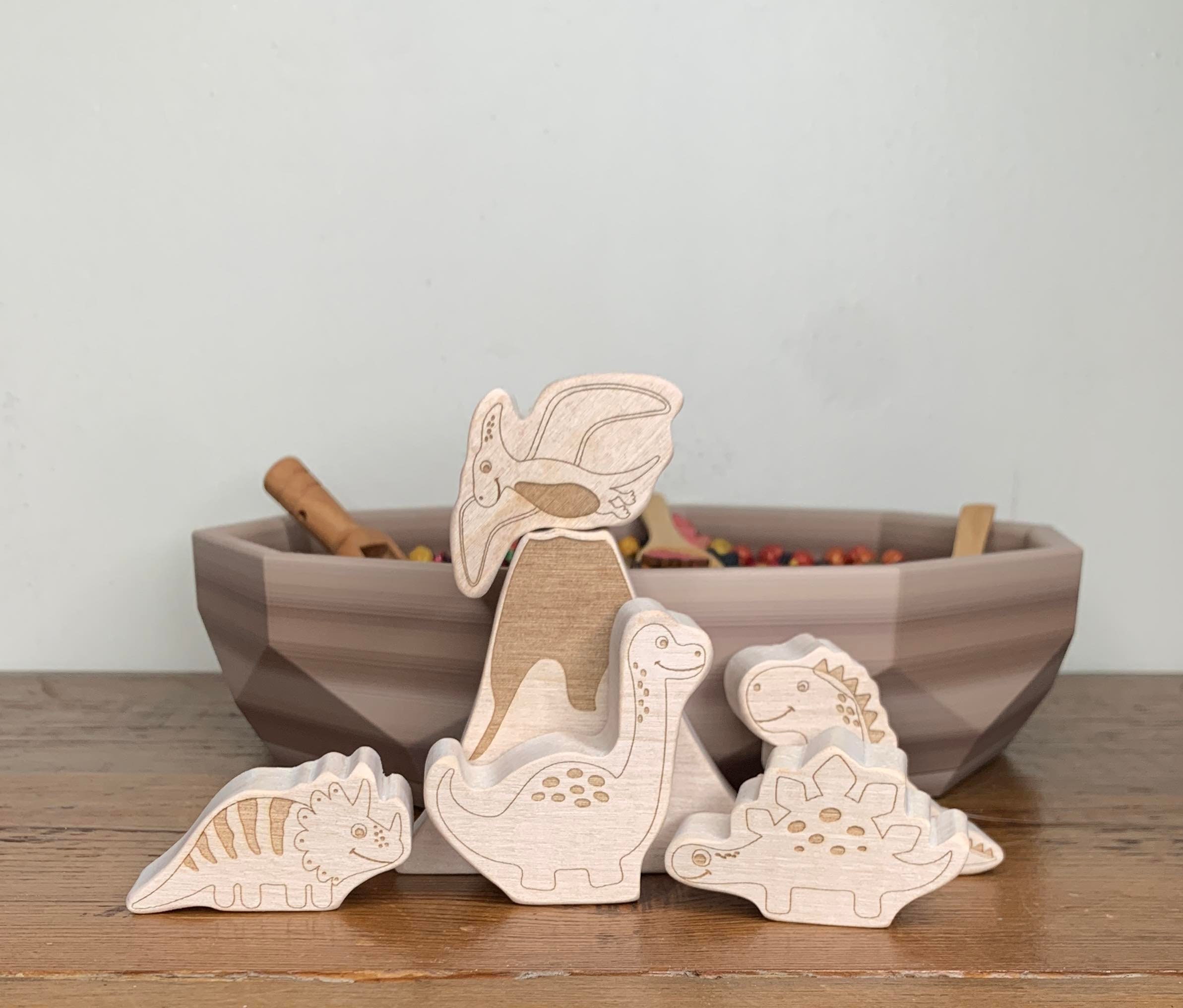 Wooden dinosaur play set, wooden pocket dinos, wooden dino figures, cute little dinosaurs