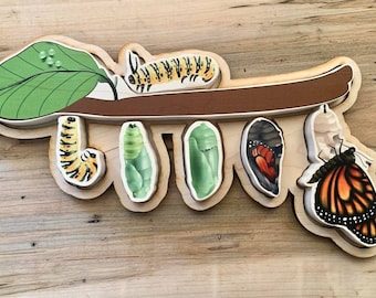 Monarch butterfly life cycle puzzle, wooden montesori puzzle, monarch puzzle, wooden puzzle with sensory tray, gift for kids, sensoryplay