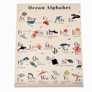 Alfabeto del océano, póster del alfabeto, póster en lienzo, impresión en lienzo, materiales Montessori, decoración de la habitación de los niños, decoración de la pared, impresión educativa, peces