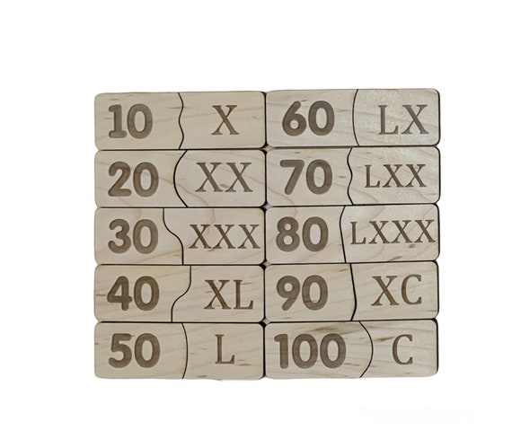 Rompecabezas de dos piezas, números romanos, rompecabezas de matemáticas,  actividad preescolar, materiales Montessori, rompecabezas de madera - Main Image