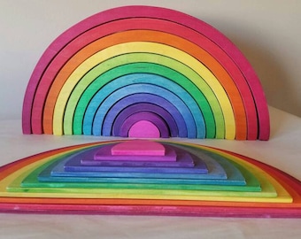 Rainbow stacker puzzle with semi circles set, rainbow puzzle, montessori inspired, 2.75" thick and 16" long,Montessori toy