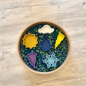 Mini weather sensory trays, fiZy play trays with weather symbols, sun, cloud, lightning, tornado, rain drop,snowflake, sensory playloud, l