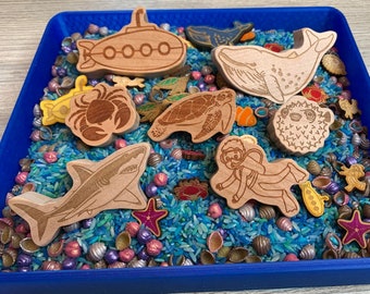 Under the sea mini wooden cutout toys, ocean life play set, Montessori blocks, wooden gift under 20, sensory play toys, SensoryPlay