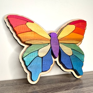 Wooden rainbow butterfly puzzle, chunky blocks puzzle, nature building blocks, wood toy butterfly, montessori toy, rainbow morpho
