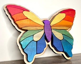 Wooden rainbow butterfly puzzle, chunky blocks puzzle, nature building blocks, wood toy butterfly, montessori toy, rainbow morpho