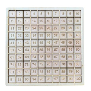 May include: A wooden board with a grid of 100 squares, each containing a number from 1 to 100.