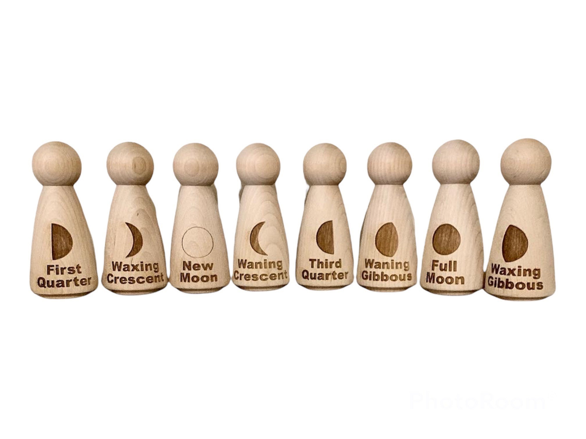 Moon phases pegs, wooden pegs, educational peg people, Waldorf, homeschooling materials