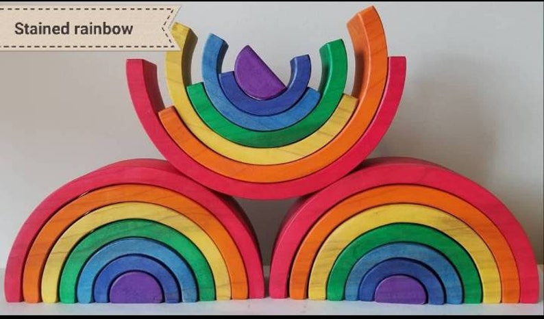 Apilador arco iris, apilador de rompecabezas arco iris, juguete de madera, inspirado en Waldorf, juguete montessori, 2,25 de espesor y 10 de largo, Montessori imagen 3