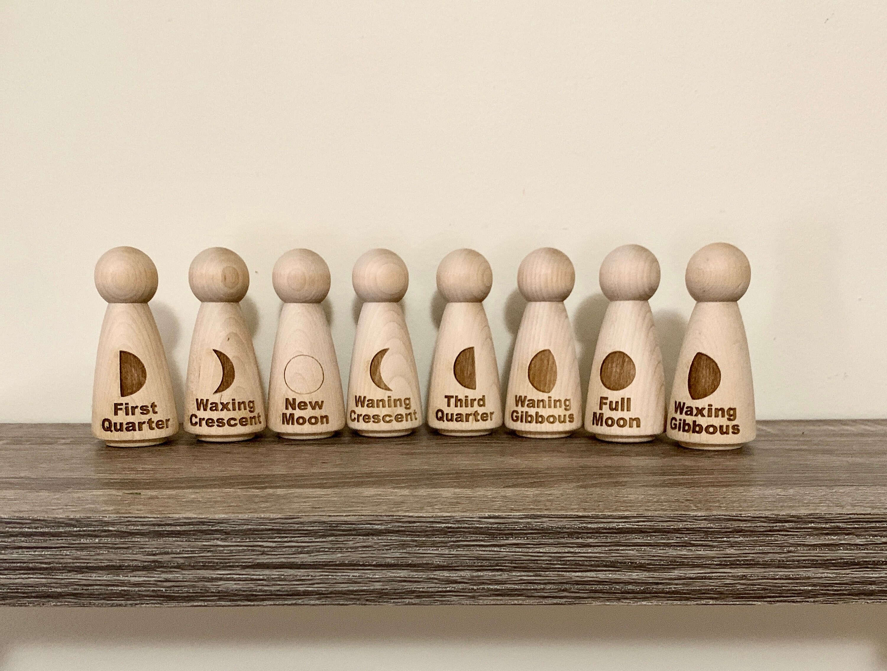 Moon phases pegs, wooden pegs, educational peg people, Waldorf, homeschooling materials