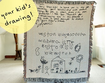 Kid's Drawing On Blanket | Gift From Kids | Personalized Throw Blanket | Handwriting Quilt | Gift for Mom | Sentimental Mother's Day Gift |