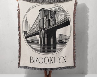 Brooklyn Bridge Art - New York Love Woven Blanket - Unique Brooklyn Art - Line Art Brooklyn Bridge Woven Throw - City Line Art Woven Blanket