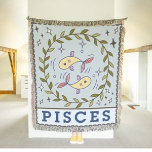 Zodiac Tapestry Blanket - Choose Your Sign - Horoscope Astrology Blankets - Constellation Star Decor and Gifts - Pisces Woven Blanket