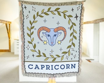 Zodiac Tapestry Blanket - Choose Your Sign - Horoscope Astrology Blankets - Constellation Star Decor and Gifts - Capricorn Woven Blanket