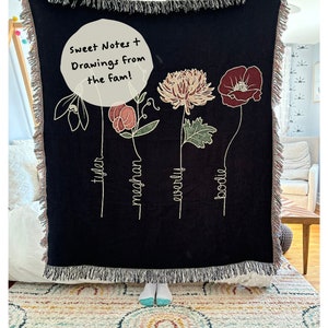 Manta de flores silvestres del mes de nacimiento / Ramo de flores de nacimiento personalizado / Manta familiar personalizada /