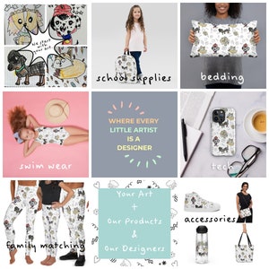 K&ouml;nnte beinhalten: Eine Collage aus Bildern, die verschiedene Produkte mit individuellen Kunstwerken zeigen. Die Produkte umfassen einen Rucksack, Bettw&auml;sche, Badebekleidung, Leggings, ein Handy-Case, Schuhe, eine Wasserflasche und eine Tragetasche. Der Text "Wo jeder kleine K&uuml;nstler ein Designer ist" ist in der Mitte der Collage zu sehen.